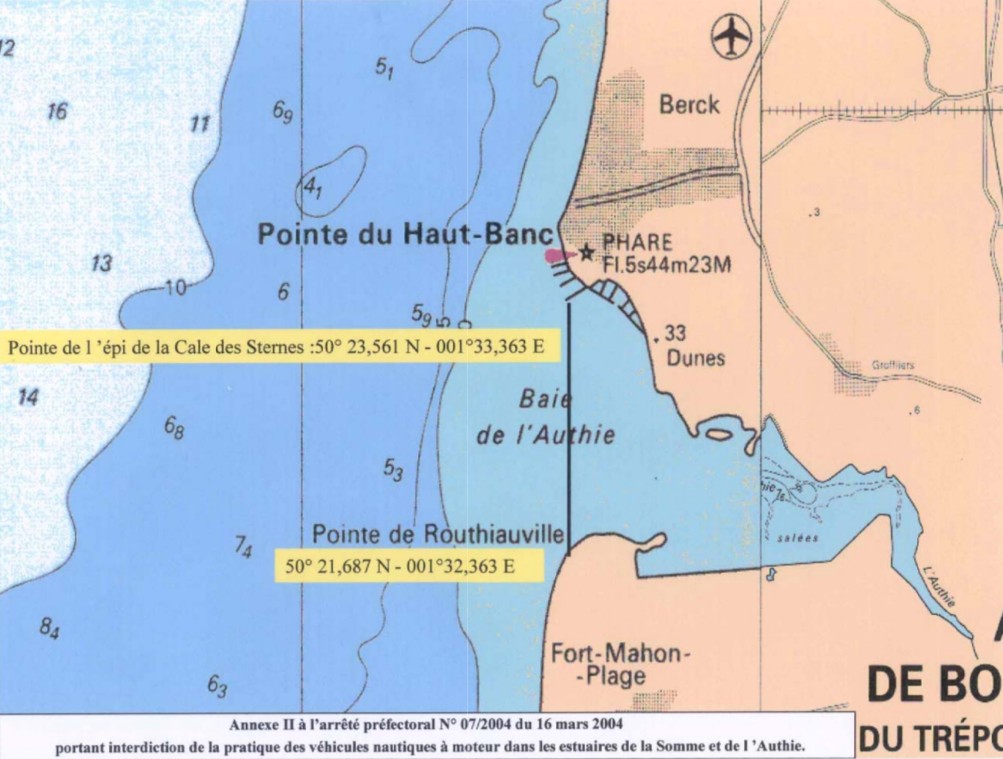 Carte d'interdiction du jet ski dans la Baie d'Authie